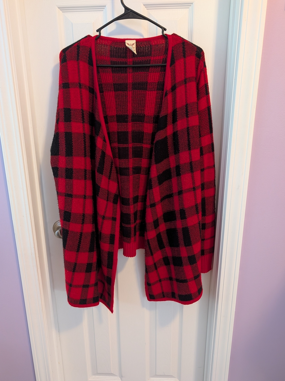 Faded Glory Red and Black Plaid Open-Front Cardigan